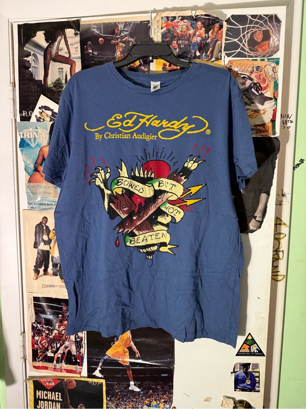 Ed Hardy Blue Short-Sleeve Graphic Tee with Yellow & Red Artwork